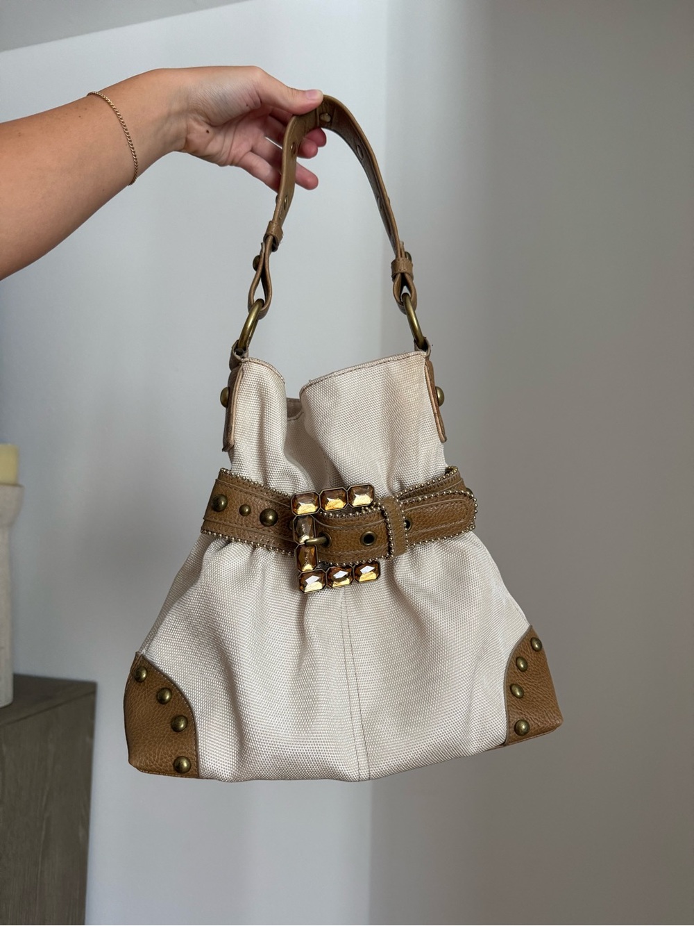 Kathy Van Zeeland Cream Canvas Shoulder Bag with Tan Leather Trim
